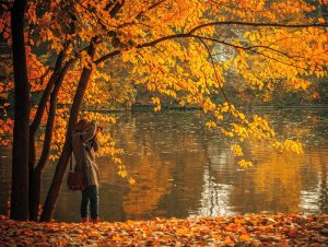 woman taking a picture in the autumn